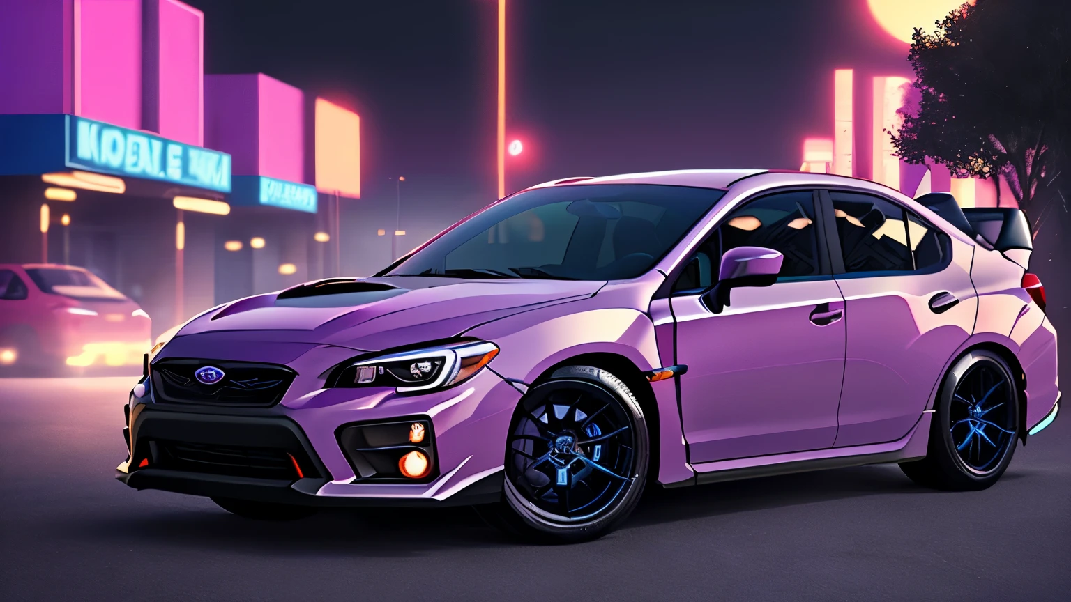 retrowave. 2020 subaru wrx sti on the road road, purple neon lights, sun, mountain, walpaper, best quality, perfect quality, photorealistic, ultrarealistic, absurde, (masterpiece,detailed,highres),