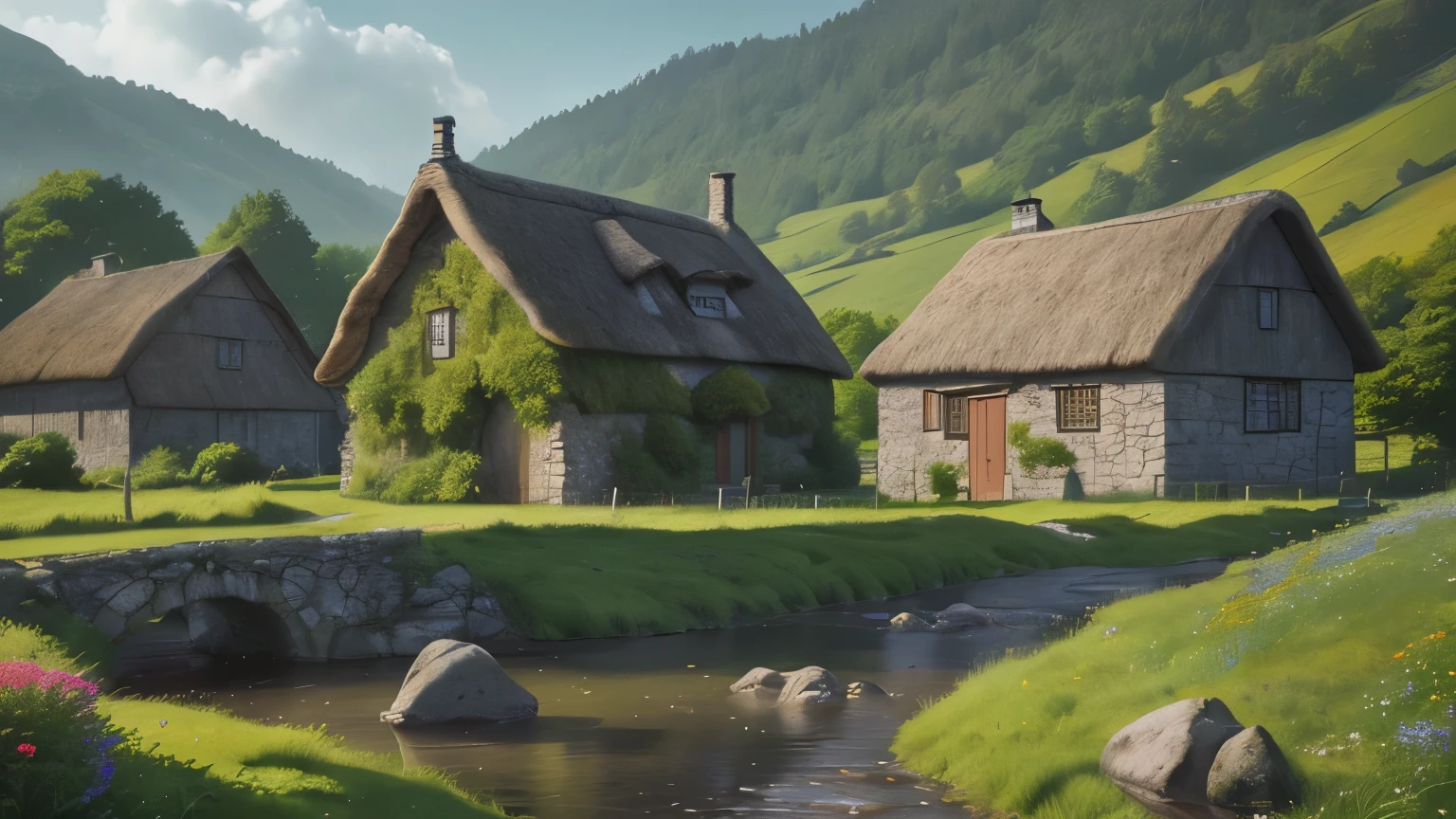 rural landscape, beautiful detailed countryside, lush green meadows, rolling hills, winding river, wooden bridge, small cottage, thatched roof, blooming wildflowers, old stone walls, picturesque scenery, idyllic pastoral scene, (best quality,4k,8k,highres,masterpiece:1.2),ultra-detailed,(realistic,photorealistic,photo-realistic:1.37),landscape,vibrant colors,natural lighting,serene atmosphere,peaceful ambiance