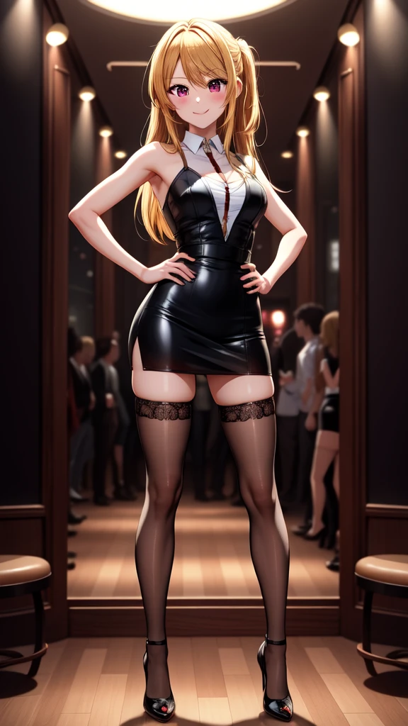 anime, beautiful face, highly detailed face, 2 accurate legs detailed eyes, highly detailed background, perfect lighting, beautiful blonde hair, accurate arms, accurate hands, accurate fingers, full body, 1girl, solo, ruby hoshino, oshi no ko, indoors, detailed heels, black heels, detailed thighhighs, absurdres, high res, ultrasharp, 8K, masterpiece, looking at viewer, teasing smile, elegant pose, clubbing, in a nightclub,  nightclub outfit, pencil skirt, 1 hand on hip