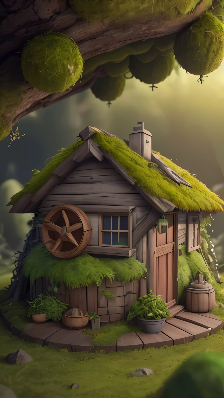 Masterpiece, best quality, (highly detailed CG unity 8k wallpaper), (best quality), (best illustration), (best shadows), round radish hut covered with moss, isometric 3D , octane rendering, ray tracing, highly detailed