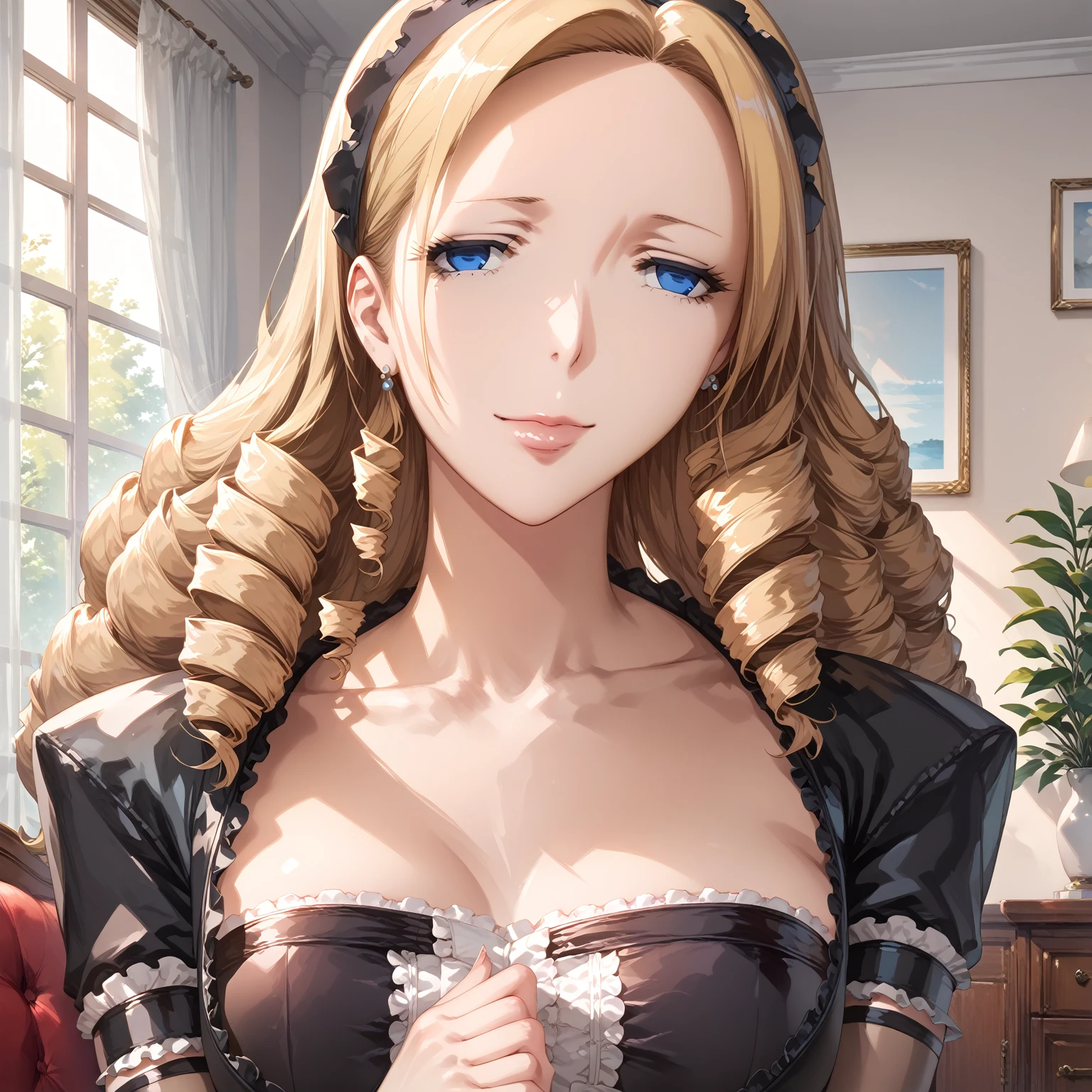 score_9, score_8_up, score_7_up, blonde, long hair, blue eyes, perfect eyes, anime milf, elegant mature woman, wise face, black maid outfit, medium breasts, home, soft light