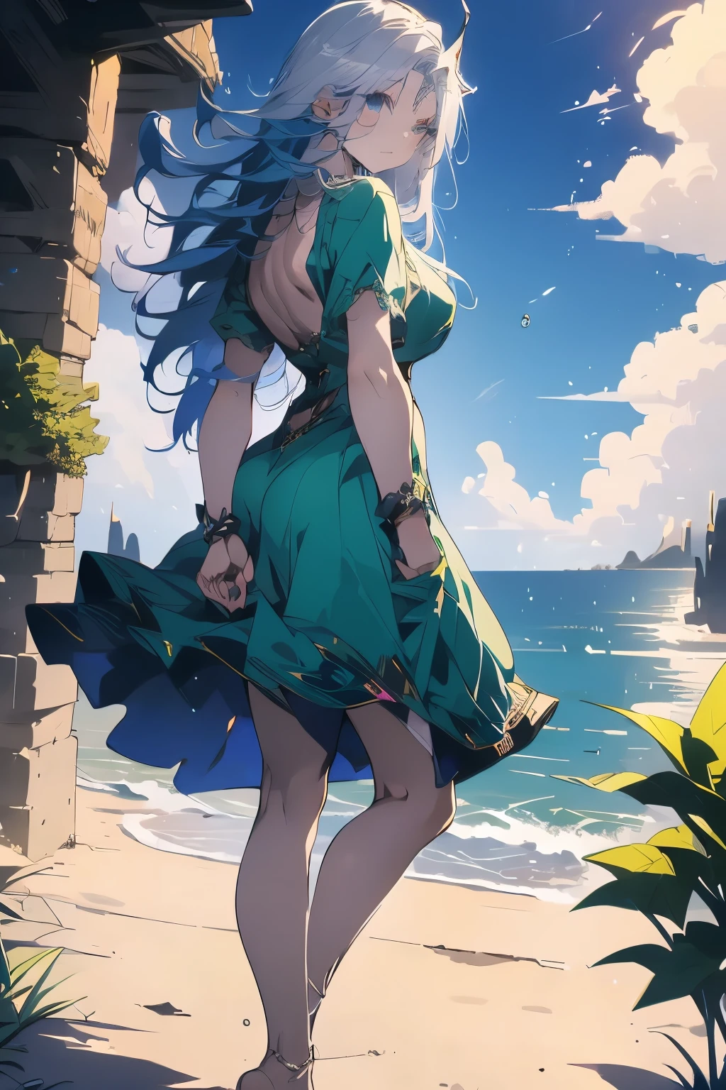 a girl, standing, show full body, 1 Character design, female, 165cm, tomboyish, spirited, water dragon, humanoid form, short blue hair, blue eyes, flowing hair, dragon motifs, blue and green clothing, barefoot,