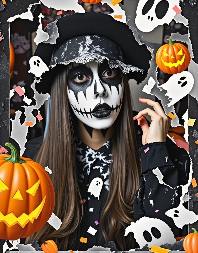 Halloween-themed portrait photography, (blending black and white and color:1.5), double exposure, 1girl, (whole body:1.8)，(Long-range shooting:1.8)，blurred Halloween makeup portrait silhouettes seamlessly merging with evocative scenes, featuring pumpkins, candy, ghosts, transparency, negative space for signature, collage, torn paper, abstract, uncontrolled, presenting a fantastic and exquisite atmosphere, strong film grain, intensely moody, layered with a sense of depth and reality, rich in content, in the style of Erkin Demir, futuristic, glitch art, Surreal, perfect in detail