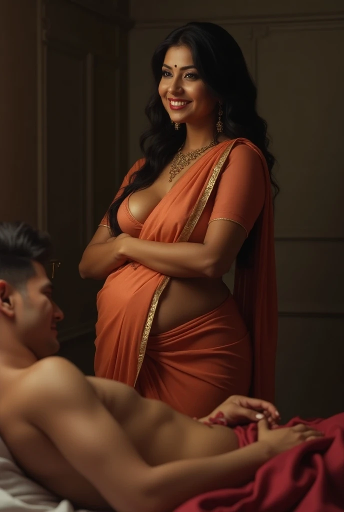Newly wed indian couple, hot slim curvy white south indian milf with long single plaited hairstyle, big breast, big hip, very big ass, thick thighs, woman wearing saree pallu down, cleavage, indian couple, very short indian black old man with short haircut, skinny body and big moustache, man wearing shorts, woman with man, couple in house balcony, high resolution, couple looking at camera, tall woman and short man, close-up potrait, Closed Mouth, serious face, front full body view, in kitchen, bright lighting, man hugging from behind, side view