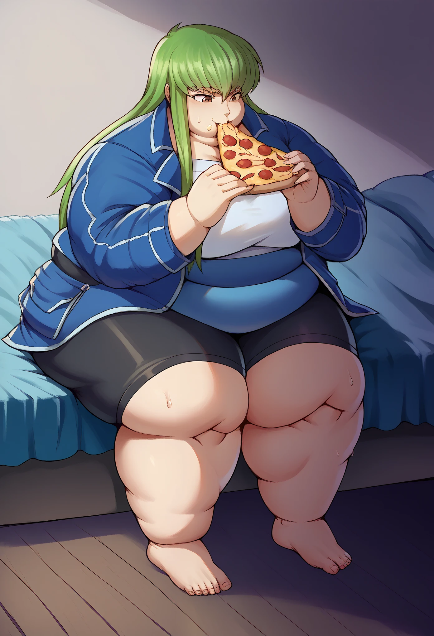 score_9, score_8_up, score_7_up, source_anime BREAK 1girl, body,codegeasscc, cc, brown eyes, green hair, long hair, straight hair, ganryu, tube top, blue jacket, black bike shorts, bedroom, smile, sitting, eating pizza, sweating, growing fatter, fat, chubby, obese, full body shot, gigantic arms and legs