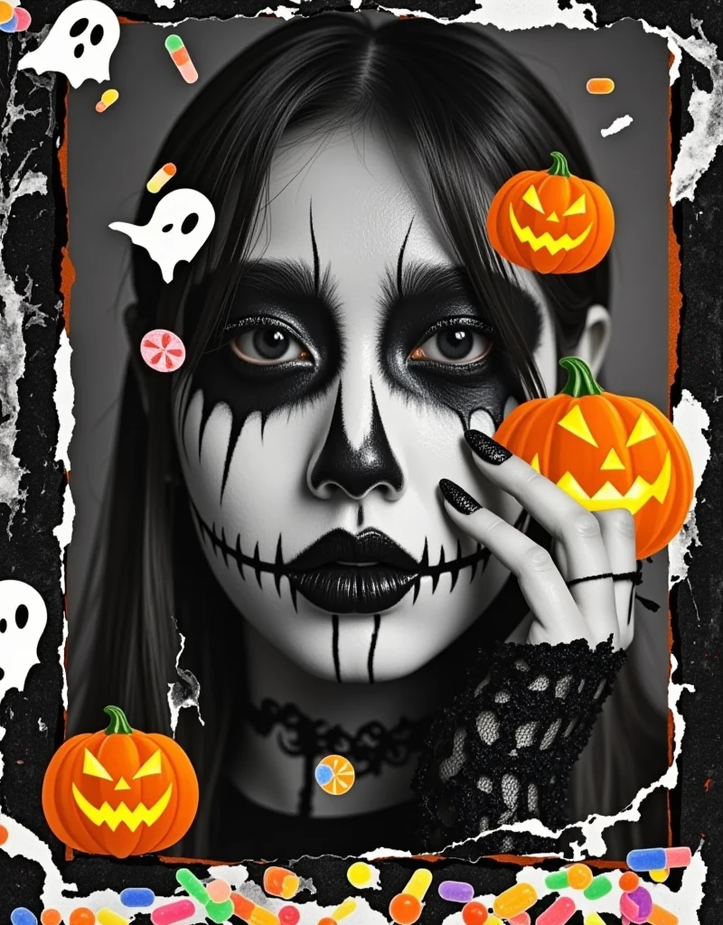 Halloween-themed portrait photography, (blending black and white and color:1.5), double exposure, 1girl, (whole body:1.8)，(Long-range shooting:1.8)，blurred Halloween makeup portrait silhouettes seamlessly merging with evocative scenes, featuring pumpkins, candy, ghosts, transparency, negative space for signature, collage, torn paper, abstract, uncontrolled, presenting a fantastic and exquisite atmosphere, strong film grain, intensely moody, layered with a sense of depth and reality, rich in content, in the style of Erkin Demir, futuristic, glitch art, Surreal, perfect in detail