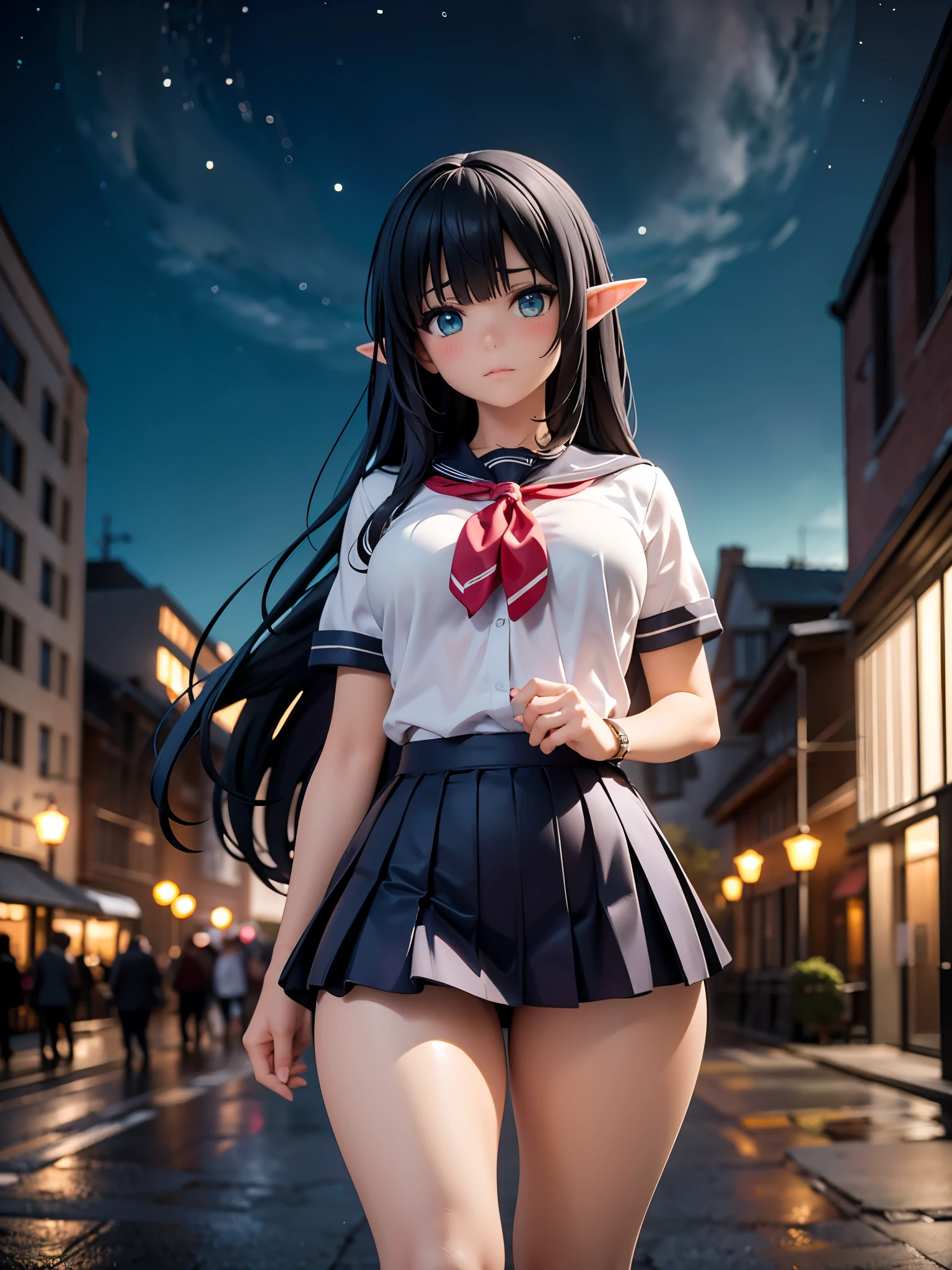 realistic image, detailed image, coherent image, 1 little elf, , turquoise eyes, very long hair, black hair, combed with bangs to the right, blushing, shy, She has a curvy body, small breasts and thick thighs, highschool uniform, pleated miniskirt with checks, She is posing sensually, walking in a starry night, view from below, soft focus, volumetric lighting, natural lighting, urban background full of buildings and people,