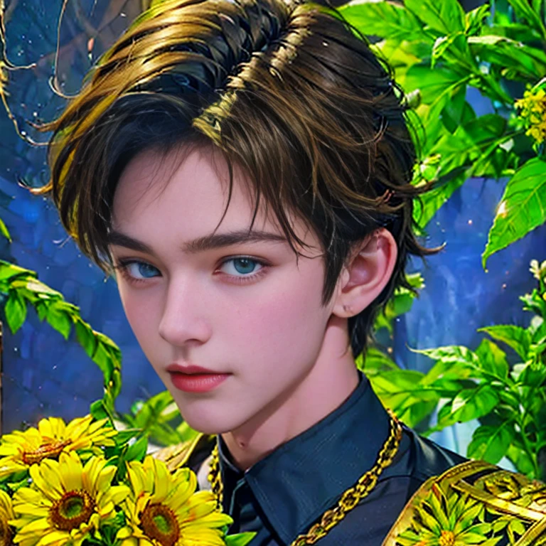 Ultra detailed portrait of a handsome guy, оранжевый background, disorganized,  High definition , super detailed, very detailed, 1 guy,blue eyes are shining, short blonde hair decorated with flowers ,  gold jewelry  , a bouquet of bright - beautiful flowers in hands , confuse , geometrically correct forms , Colorful ,