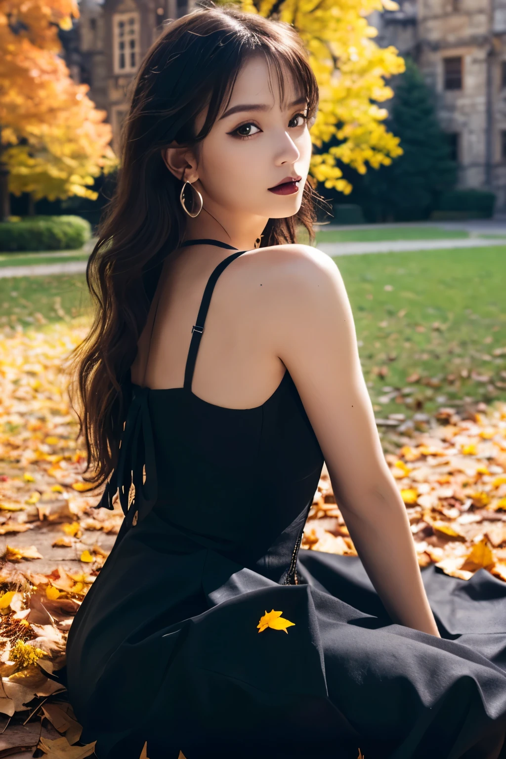  1 girl, ( She's wearing a gothic black dress :1.2), (Gothic Makeup),  A very beautiful portrait of a Japanese singer , (RAW Photo Best Quality), (Realistic, Realistic:1.4), (masterpiece), 
 very detailed , 2k wallpaper, wonderful, finely,  very detailed ,  CG Unity 8k Wallpaper ,  very detailed ,  Kampala, Soft light, 
 A beautiful girl carefully drawn in every detail ,  very detailed な目と顔, A beautiful and elegant nose,  beautiful beautiful eyes, Cinema Lighting, 
(Girl full body silhouette:1.2), (She is lying on fallen leaves covered like a carpet:1.2), ( Background of scattered fallen leaves surrounding a decaying castle:1.4), (Autumn leaves shining in the transmitted light of sunlight ), ( A vivid screen with intense contrasts :1.5),
( medium hair ), (Disheveled hair blowing in the wind), 
 perfect anatomy, Slender body, Small breasts, Thin legs