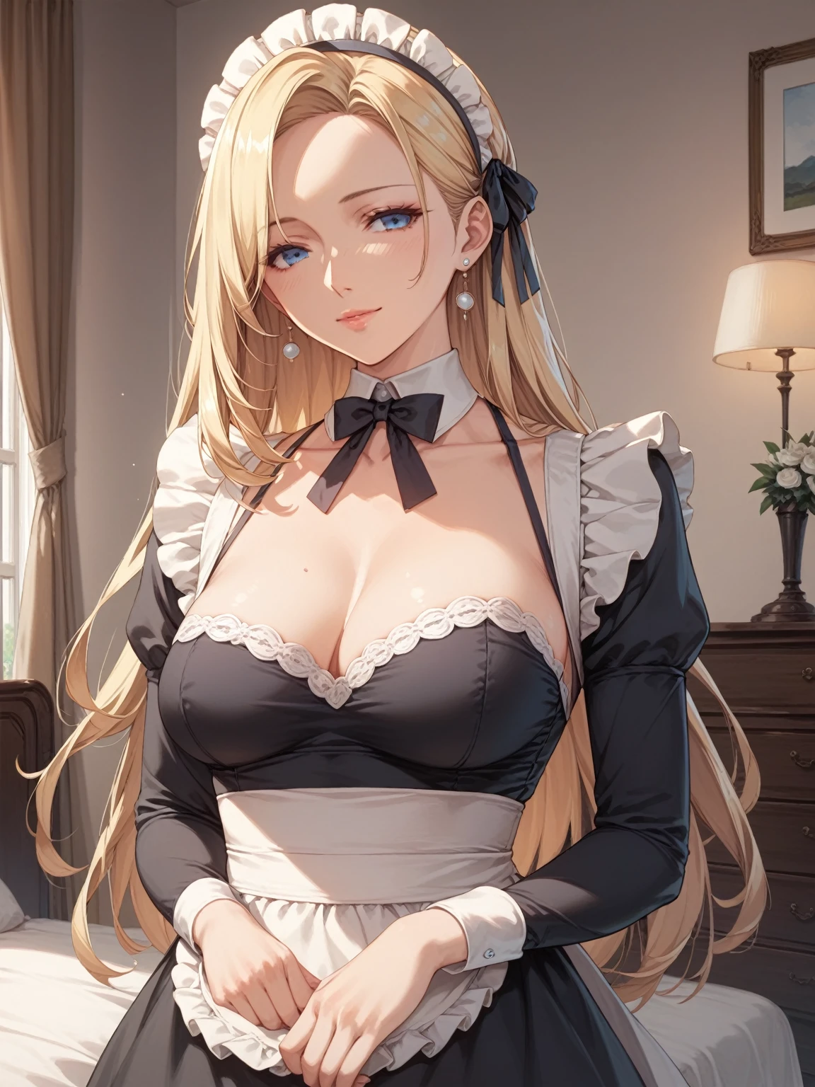 score_9, score_8_up, score_7_up, blonde, long hair, blue eyes, perfect eyes, anime milf, elegant mature woman, wise face, black maid outfit, medium breasts, home, soft light