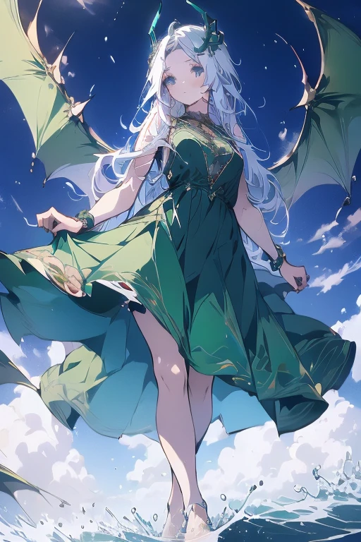 a girl, standing, show full body, front, 1 Character design, female, 165cm, tomboyish, spirited, water dragon, humanoid form, short blue hair, blue eyes, flowing hair, dragon motifs, blue and green clothing, barefoot,