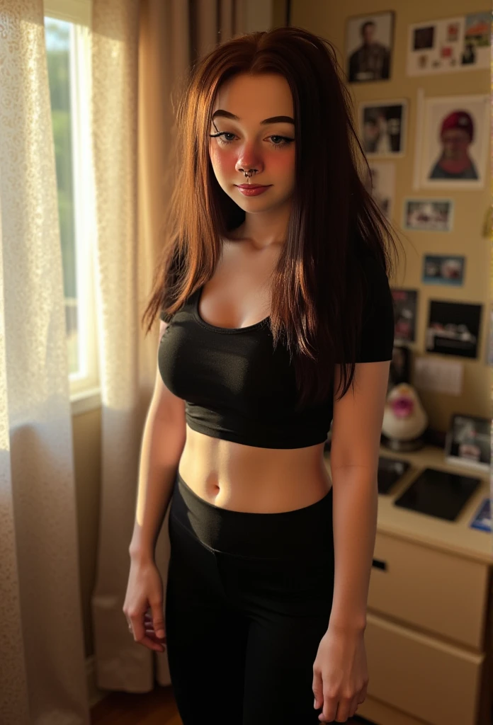 a photo of haylee. photography of a cute and skinny young teenage Girl with long hair. Sun rays on her face, she is wearing light pink lip gloss. Tessellations, 1girl, ****, very young, teenager with attitude problems, petite, large breasts, perfect body, hourglass body shape, small waist, wide hips, Perfect breasts, wearing black leggings with a form fitting short sleeve crop top t-shirt, ankle socks, Nike shoes, smiling, giggling, in bedroom, posing for instagram, midjourneyv6.1, detailmaximizer