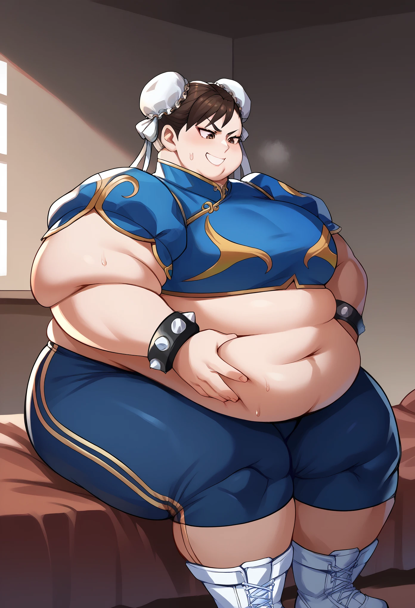 score_9, score_8_up, score_7_up, source_anime BREAK 1girl, body,CHUNLISF, brown eyes, double bun, bun cover, ganryu, tube top, blue jacket, black bike shorts, bedroom, smile, sitting on top of someone, sweating, growing fatter, fat, chubby, obese, full body shot, gigantic arms and legs