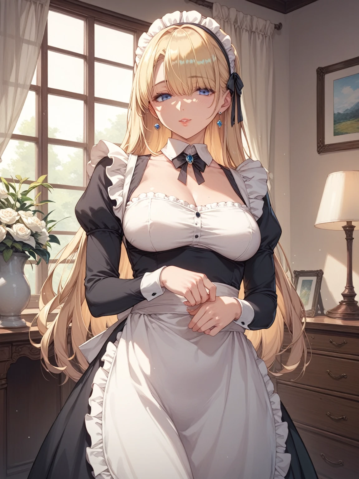 score_9, score_8_up, score_7_up, blonde, long hair, hair over eyes, blue eyes, perfect eyes, anime milf, elegant mature woman, wise face, black maid outfit, medium breasts, home, soft light