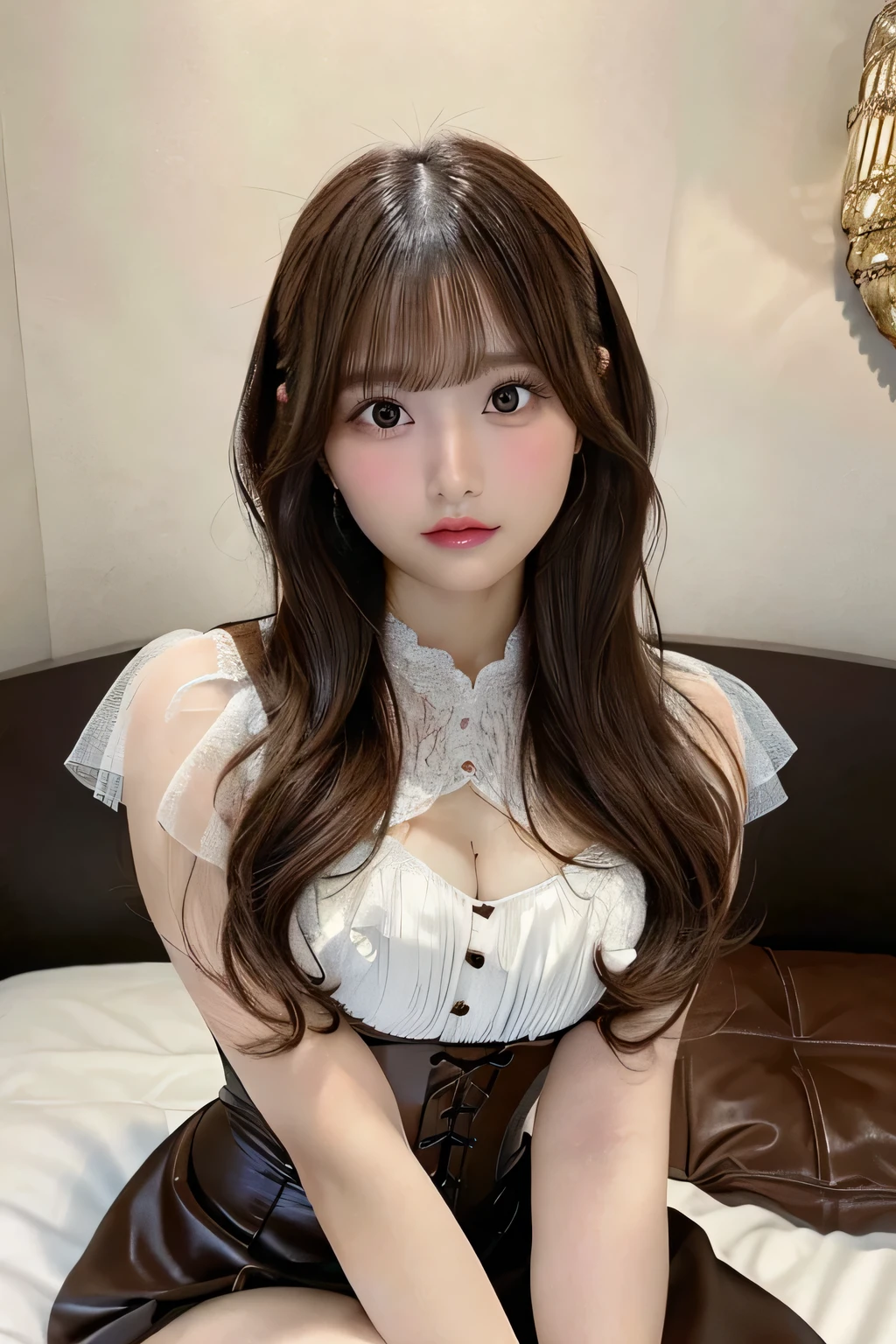 Masterpiece,best quality,high quality,detailed,ultra detailed.4K/8k,Full-HD,high resolution１gitl, medium long hair、Brown Hair、 Japanese idol in her 20s、Plump Cheeks、Skin texture is natural、 skin looks healthy and uniform、Boudoir Corset、Sitting with Knees Up on bed, spread legs