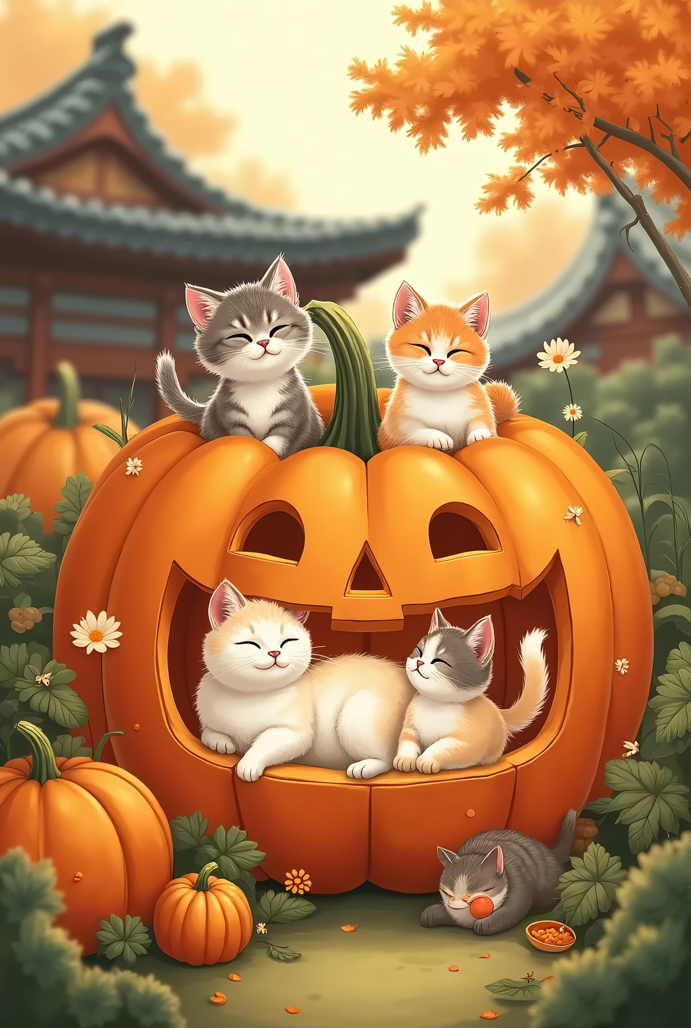 (masterpiece, high quality,  Kampala, Golden Ratio, 8k, illustration),  cute cats that live inside big Halloween pumpkins,  Those pumpkins are like kamakura , placed in the garden ,  cat that grooming , cat lying on his back ,Cat stretching, cat eating food ,Everyone is relaxing , A Kind World😊