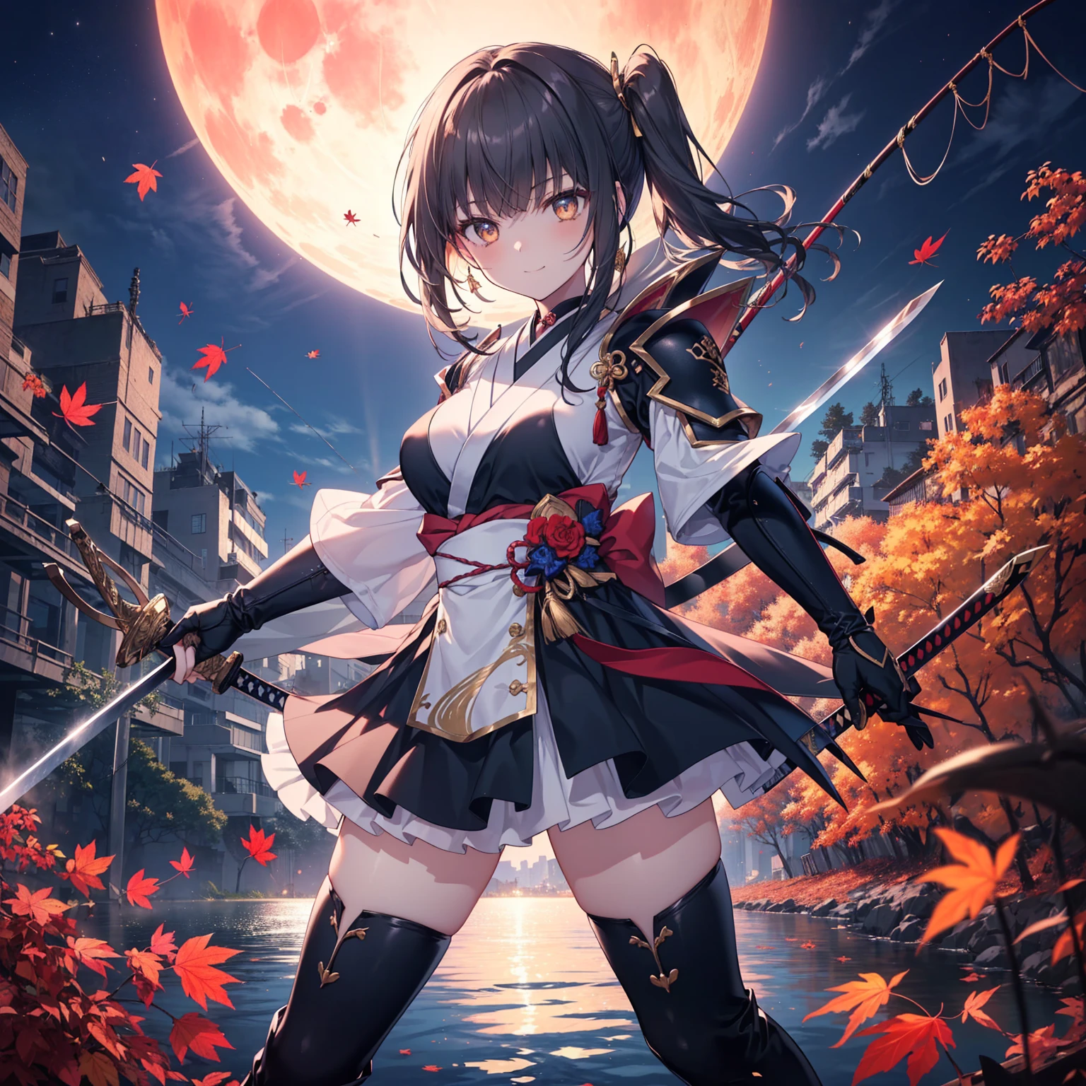    high quality, masterpiece, Delicate Hair, Delicate Eyes，Delicate Hair, ((masterpiece, 最  high quality)),   (( Black Hair )) ，  high quality, masterpiece, Delicate Hair, Delicate Eyes, ((One Girl, Creepy Smile，Autumn Fishing, Combat pose,  Open V Outfit  , Ample breasts,  black side ponytail ,    golden eyes,    white skin、Japanese sword, Master Swordsman,  Black halo ))，(( Blackwing   , Black Armor Dress, Gold border, Red accents,    thigh-length boots   , 指なし手袋 6つの大きな     Blackwingス    が大きく広がっている,   Falling Feathers  )),   Traces of Black Fire in the Background of Urban Ruins  , Details of the Red Moon in the Night Sky  ,      dramatic lighting,    dynamic poses , 4K, Realistic, （（（masterpiece）））， （（（最  high qualityを最高に）））），((((masterpiece, 最   high quality,     Ultra-fine  ))))