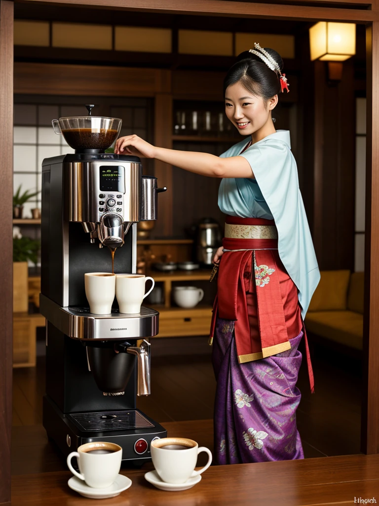 Samurai man and a happy Geisha, dancing, japonense ambience WITH A ANTIQUE COFFEE MACHINE, and cups of hot coffe. HD