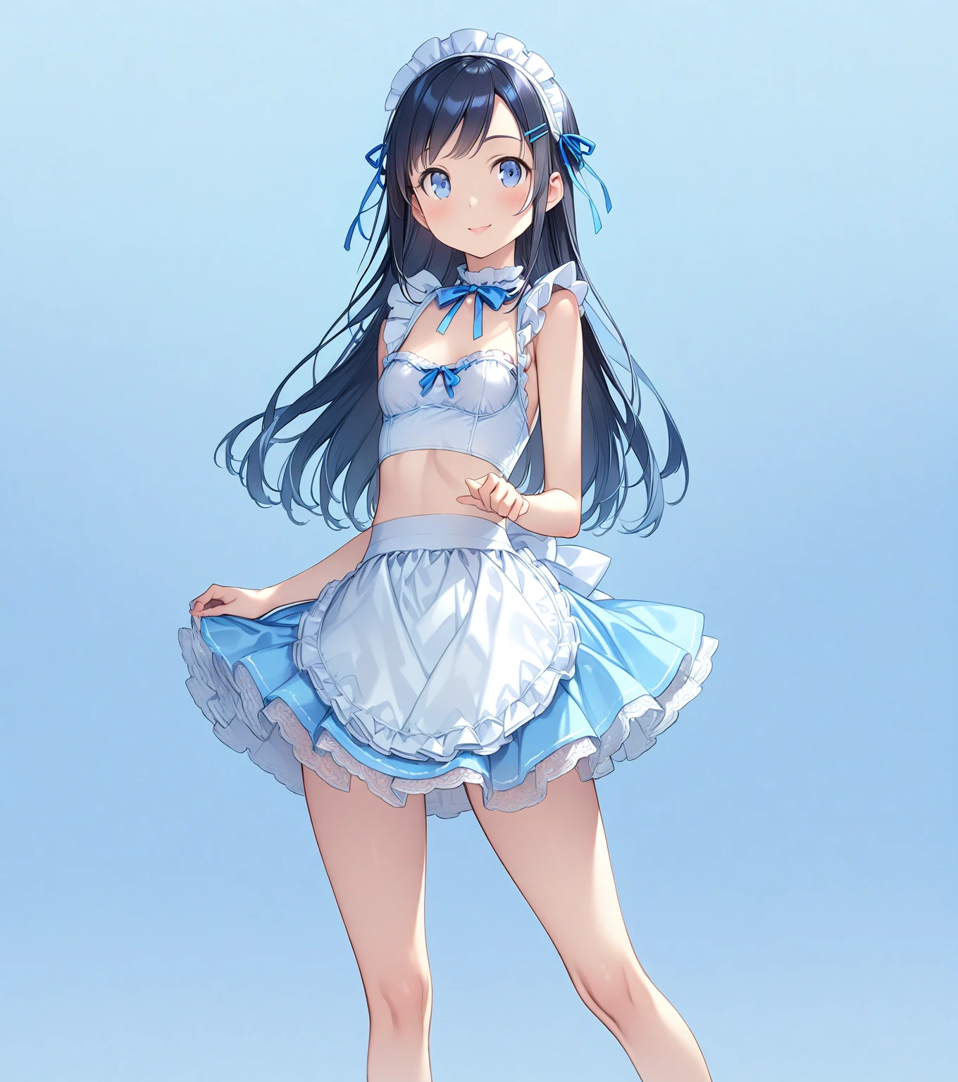 ( Full Body Shot :1.5), ( standing ), 
(Masterpiece 1.3), (Best Quality), ( Kampala), ( very detailed ), (Best Illustration),  best shadow without bangs, ( so beautiful:0.9), ( very cute), 

(Ayase Aragaki),   girl, 
 Black Hair , Long Hair, amount, Hair Clip,  blue eyes , 
smile, Shyness, Pathetic, 
Small breasts,  Round Breasts , iris, Round face,  Beautiful Lip Details , 

Perfect body,  perfect anatomy, Thin legs,   five perfect fingers  , Big Eyes, iris, (slender),  Thin Waist, 
Delicate and smooth skin, Beautiful Skin,  textured skin , Attractive body, 
smile, 恥ずかしそうなsmile, 

 Erotic, 
White maid outfit,  short skirt , ribbon, 
 Hairband with Ribbons , White frilly underwear, 小さいribbonが付いてる下着,

( pale blue background :2.2), (Light Blue Studio), 

Vibrant colors, Delicate fabric,  attention to detail, Beautiful consideration, 