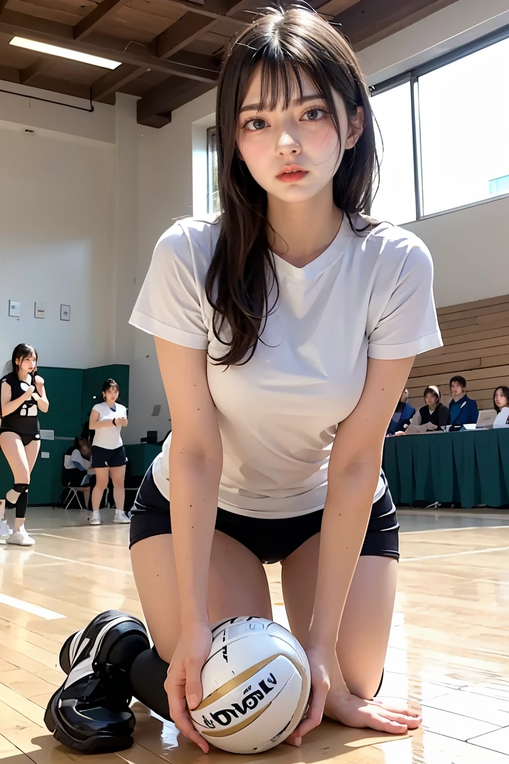 (The to the FW), 1womanl, Solo, 24 year old, 7headed body, (cute  face), (Ideal ratio body proportions), long , Volleyball Court, Volleyball uniform, Volleyball Attack, Wearing sweat, The costume is sheer, Wet, Smiling smile, short-hair, Dark hair, , A slender, Small , beauty legs, Skinny Legs, surrealism, Cinematic lighting, depth of fields, One-person viewpoint, F/1.8, 135 mm, nffsw, masutepiece, ccurate, ((Anatomically correct)), Textured skin, Super Detail, high details, High quality, awardwinning, Best Quality, hight resolution, 8K
