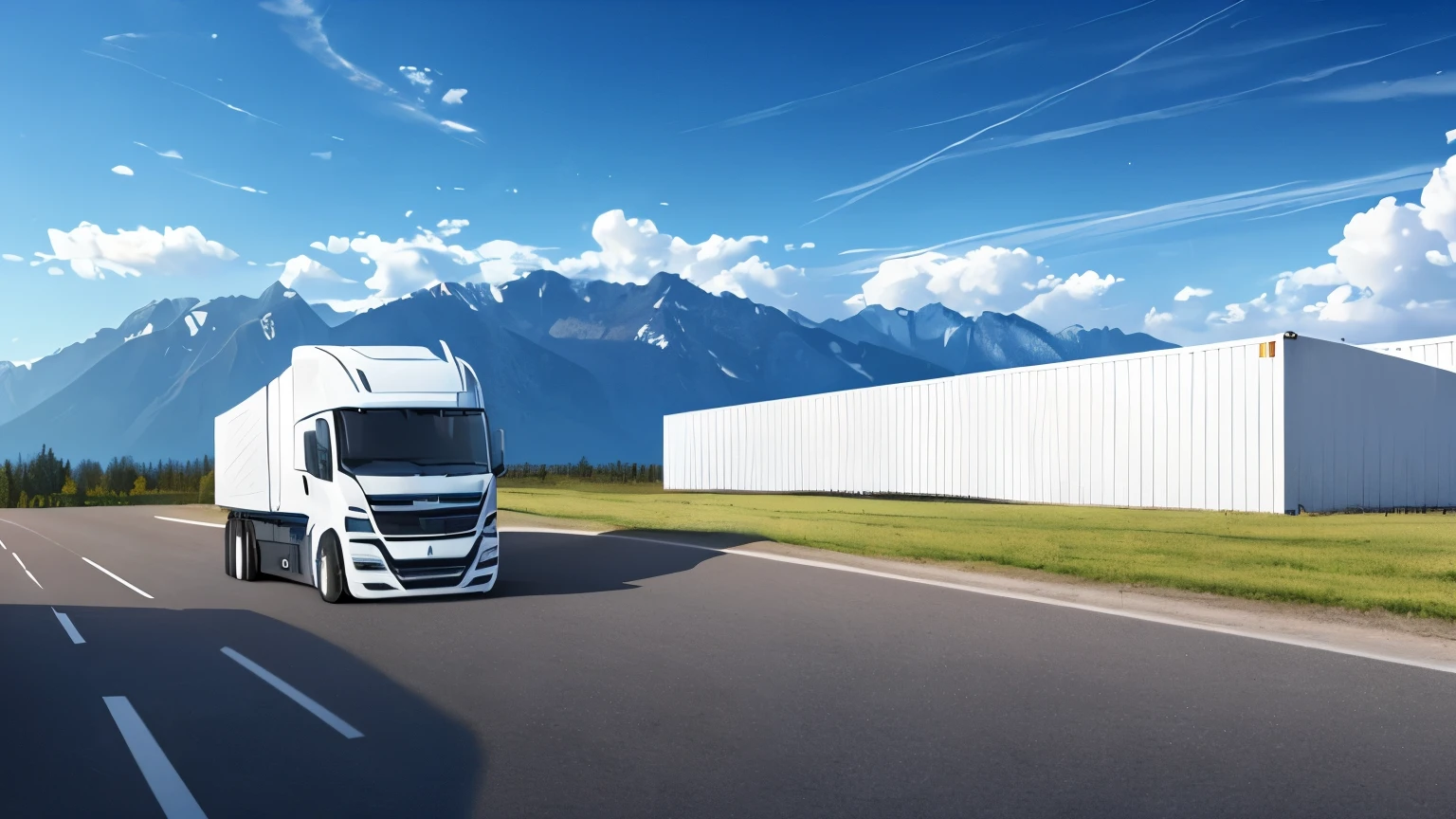  background image rendered for truck products ，empty mountainous area， Nearby is a charging white truck， In the distance is a container with a sense of lines，An atmospheric futuristic science and technology container ，Ground accounts for three-quarters， The blue sky takes up a quarter of the picture ，There is light in the sky，Light style，There is light on the wall