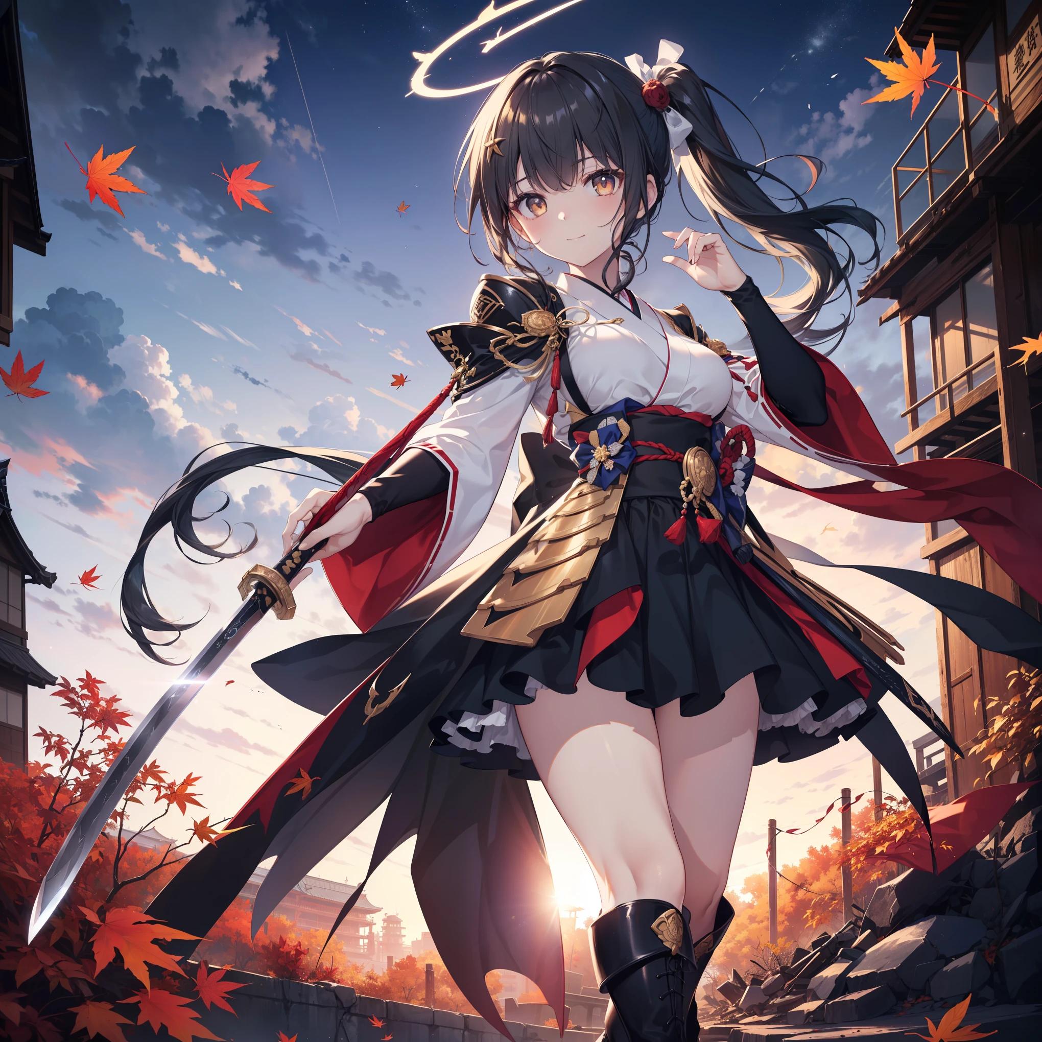high quality, masterpiece, Delicate Hair, Delicate Eyes,Delicate Hair, ((masterpiece, 最 high quality)), (( Black Hair )) , high quality, masterpiece, Delicate Hair, Delicate Eyes, ((One Girl, Creepy Smile,Autumn sky, Combat pose, Open V Outfit , Ample breasts, black side ponytail , golden eyes, white skin、Japanese sword, Master Swordsman, Black halo )),(( Blackwing)) , ((Black Armor Dress, Gold border, Red accents, thigh-length boots , 指なし手袋 6つの大きな Blackwingス が大きく広がっている, Falling Feathers )), Traces of Black Fire in the Background of Urban Ruins , Details of the Red Moon in the Night Sky , Dramatic Lighting , dynamic poses , 4K, Realistic, (((masterpiece))), (((最 high qualityを最高に)))),((((masterpiece, 最 high quality, Ultra-fine ))))