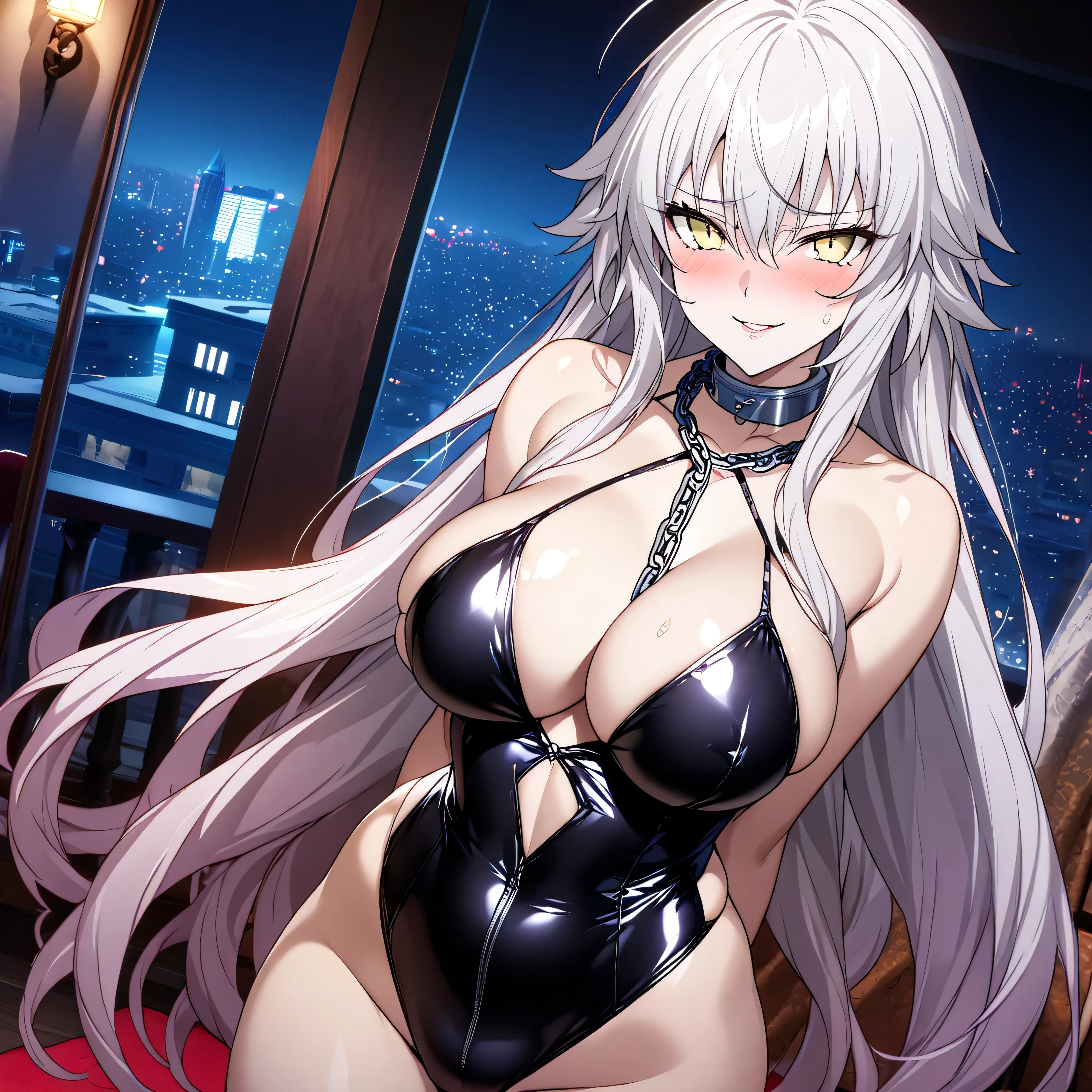 nsfw High image quality、best quality、extremely detailed CG unity 8k wallpaper、Masterpiece、ultra detailed、super fine illustration、detailed beautiful face、detailed beautiful eyes、Big Breasts、big ass、glamorous body、 Jeanne Alter (fate) long hair、((My slave)) (They're taking a walk in the Hotel area at night wearing a collar)(Metal collar) (very embarrassing) (latex competitive swimsuit)(sweat)(Slaves seeded by me) smile、 Seduce Me  僕を愛している