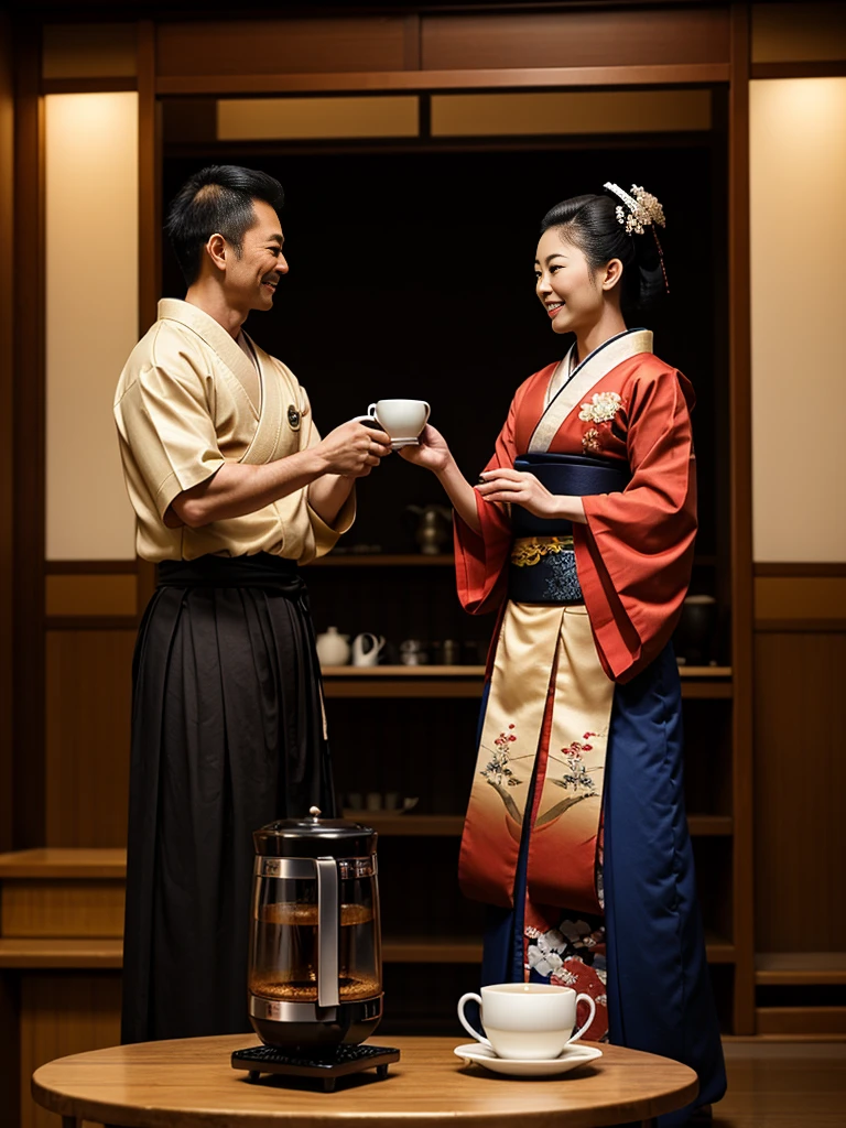 Samurai man and a happy Geisha, dancing, japonense ambience WITH A ANTIQUE COFFEE MACHINE, and cups of hot coffe. HD