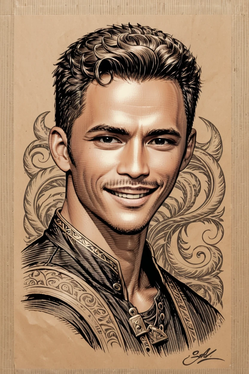 Black and brown drawing of an outdoor man,sly smile from under forehead, on kraft paper, Karl Kopinski, fantasy, highly detailed, Vlop and Krenz Cushart, ornate detailing, Jean-Sebastian Rossbach, James Gene,wong-tigo