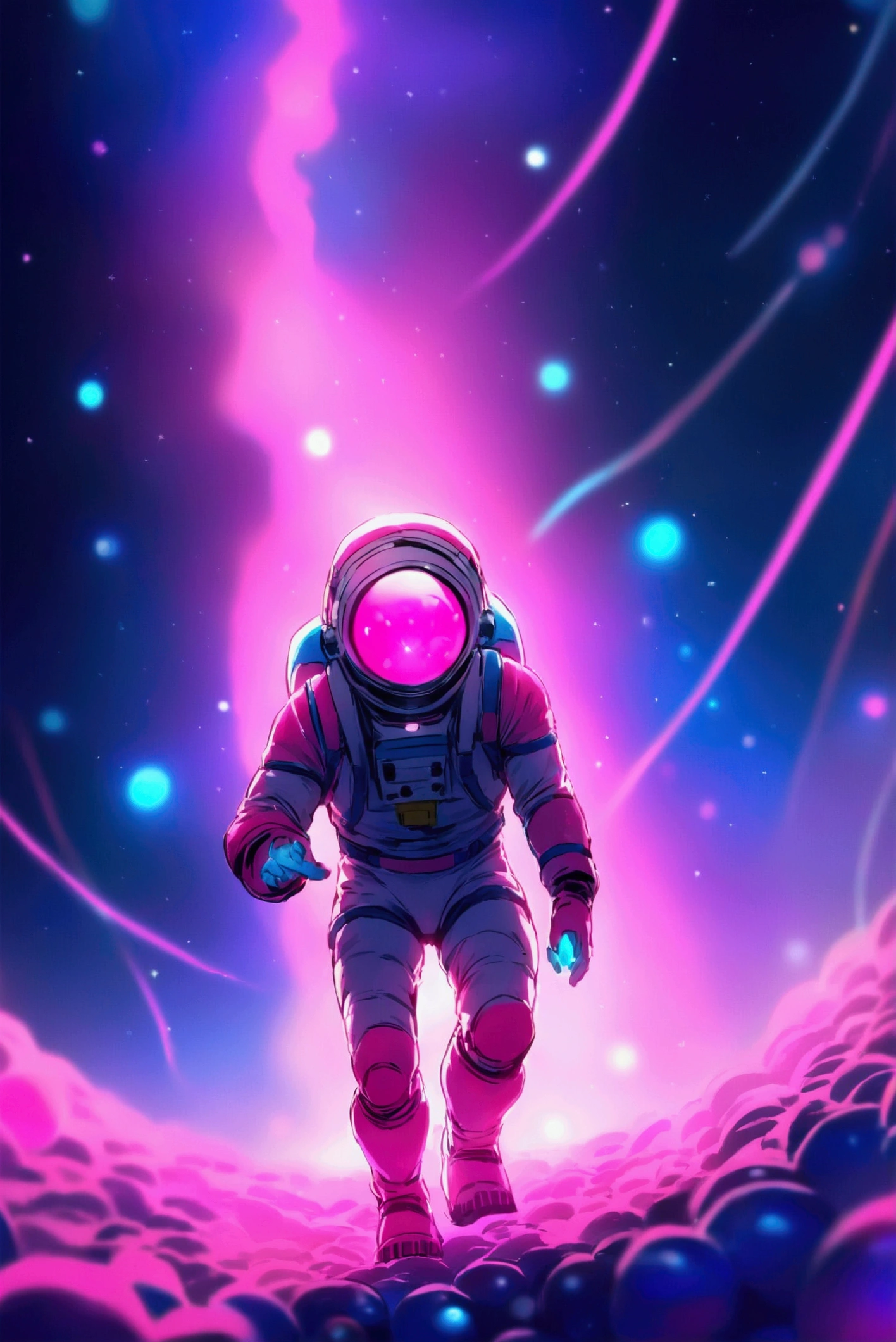  On the surface of the moon is a muscular astronaut wearing a white thong ,pink astronaut helmet, blue military boots ,  pink body tattoos ,  leaving neon pink footprints ,  blue lights appear on his hands  ,  in the sky there are colored gas balls  , 4K quality