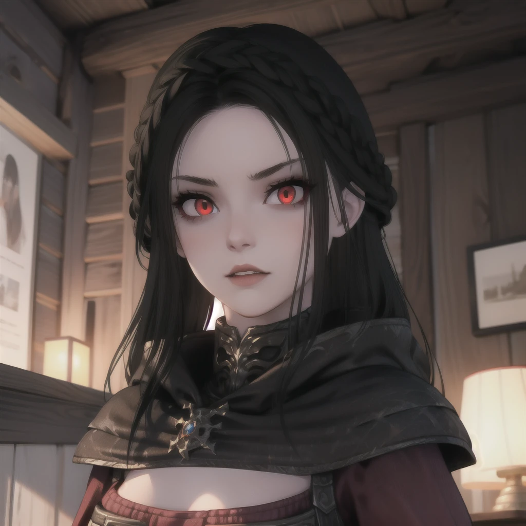 masterpiece, best quality, 1girl, serana, chibi, red eyes, black hair, long hair, armor, cape, red sleeves, cleavage cutout, disgusted face, looking at viewer, portrait, glaring, parted lips, from below, indoors, caslte,