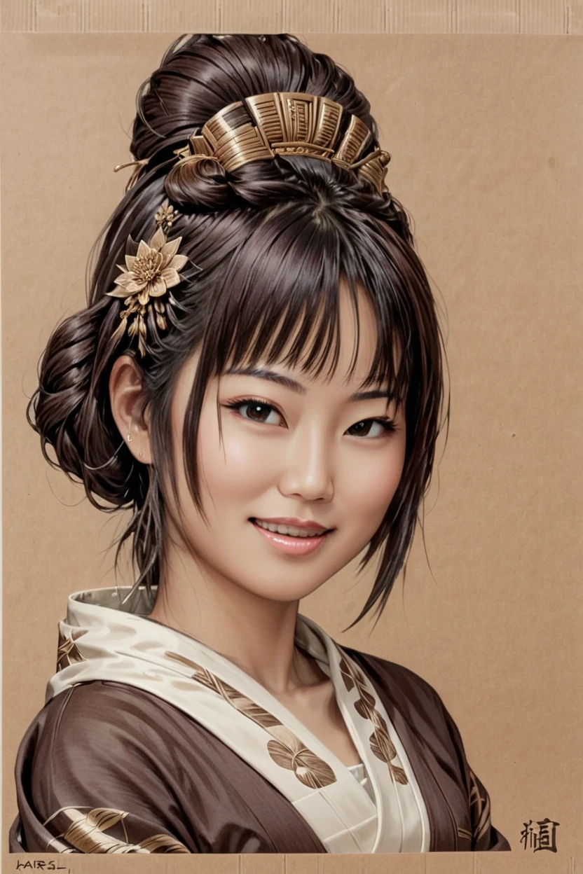 Black and brown drawing of an japanese woman,sly smile from under forehead, on kraft paper, Karl Kopinski, fantasy, highly detailed, Vlop and Krenz Cushart, ornate detailing, Jean-Sebastian Rossbach, James Gene,kodew