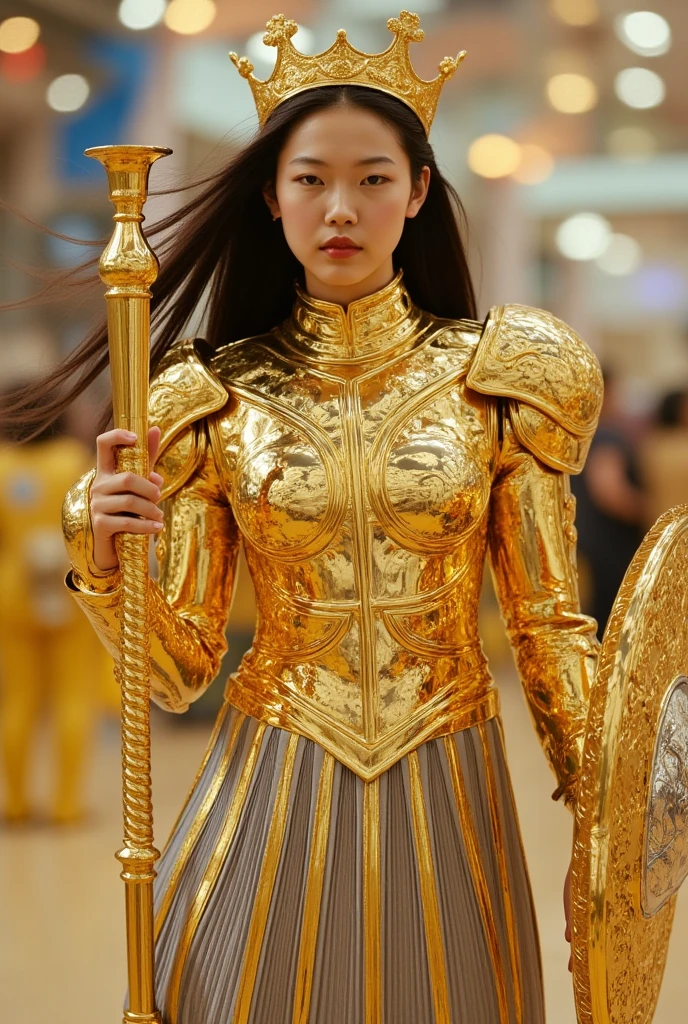 very beautiful woman age 20 , korean idol face,  beautiful hair blown away and has golden crown saint goddess Athena , wear luxurious and glamorous ivory mecha Paladin heavy steel armor made of 24k pure gold plate and silver and gold pleated skirt, holding Athena&#39;s scepter and a silver shield, Modeling Cosplayer pose at Fantasy VVIP tourist attraction .
 This image is taken with iPhone 16 pro max
Zoom Layer , 85mm, Canon, Character Sheet Full-Length , Eye-Level Shot, Upgraded indoor lighting .