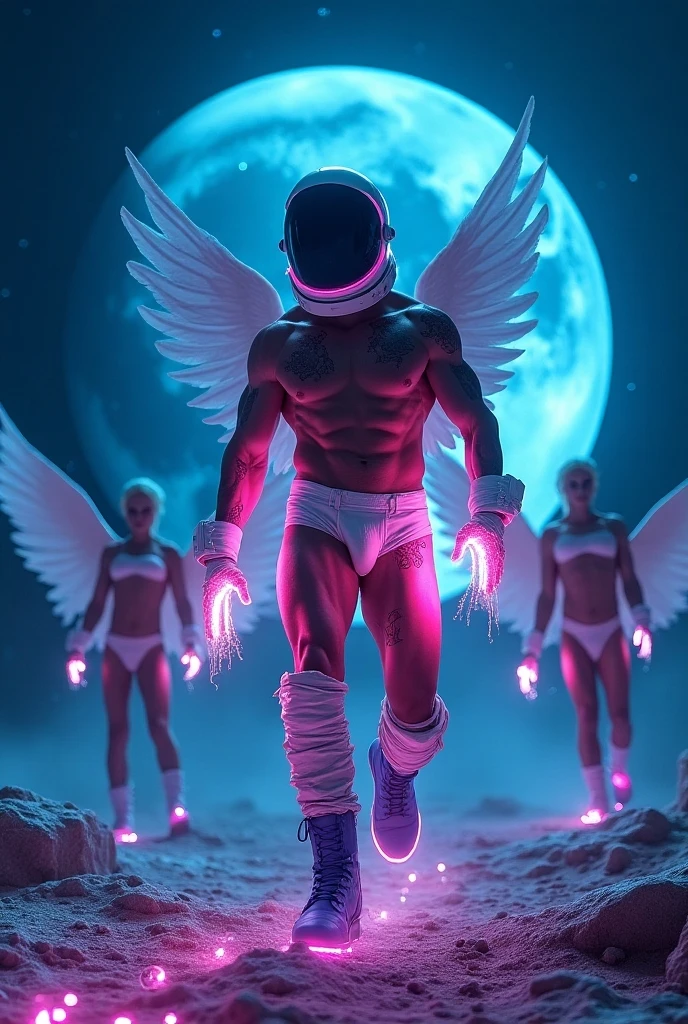  On the surface of the rocky moon ,  with lights coming out of the interior is a muscular astronaut wearing a white thong , transparent pink astronaut helmet, blue military boots ,  pink body tattoos ,  leaving neon pink footprints ,  blue lights appear on his hands  , ,Is there darkness with blue light from the Sun ,  shining stars ,  surrounded by muscular men in thongs and archangel wings  , In the background the neon blue sun ,,  cinematic quality , 