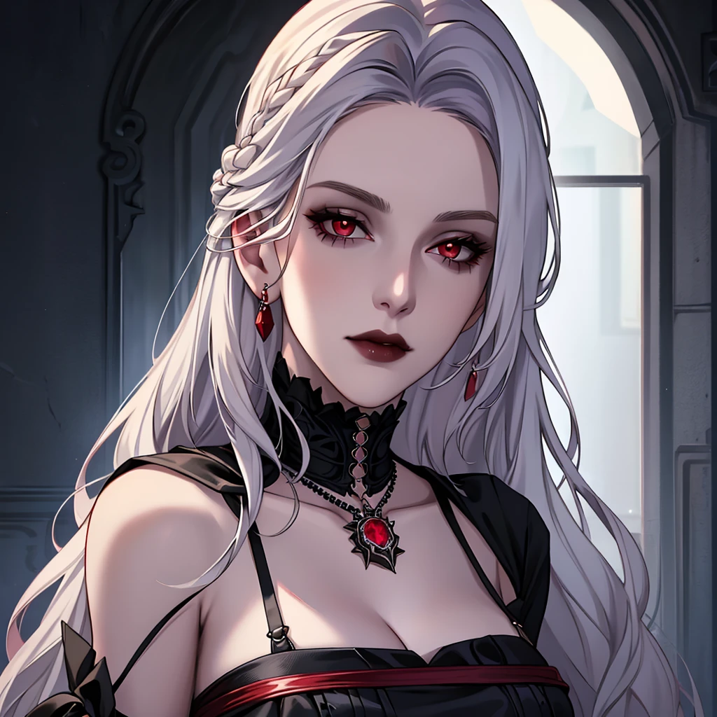 Realistic Portrait, Elegant mature woman (1 female), with red eyes, white hair, long hair, ruby amulet, focus on face, close up shot, cleavage, gothic black dress, only upper body, up to waist, soft light, high detail, 4k resolution, high quality, beautiful CG