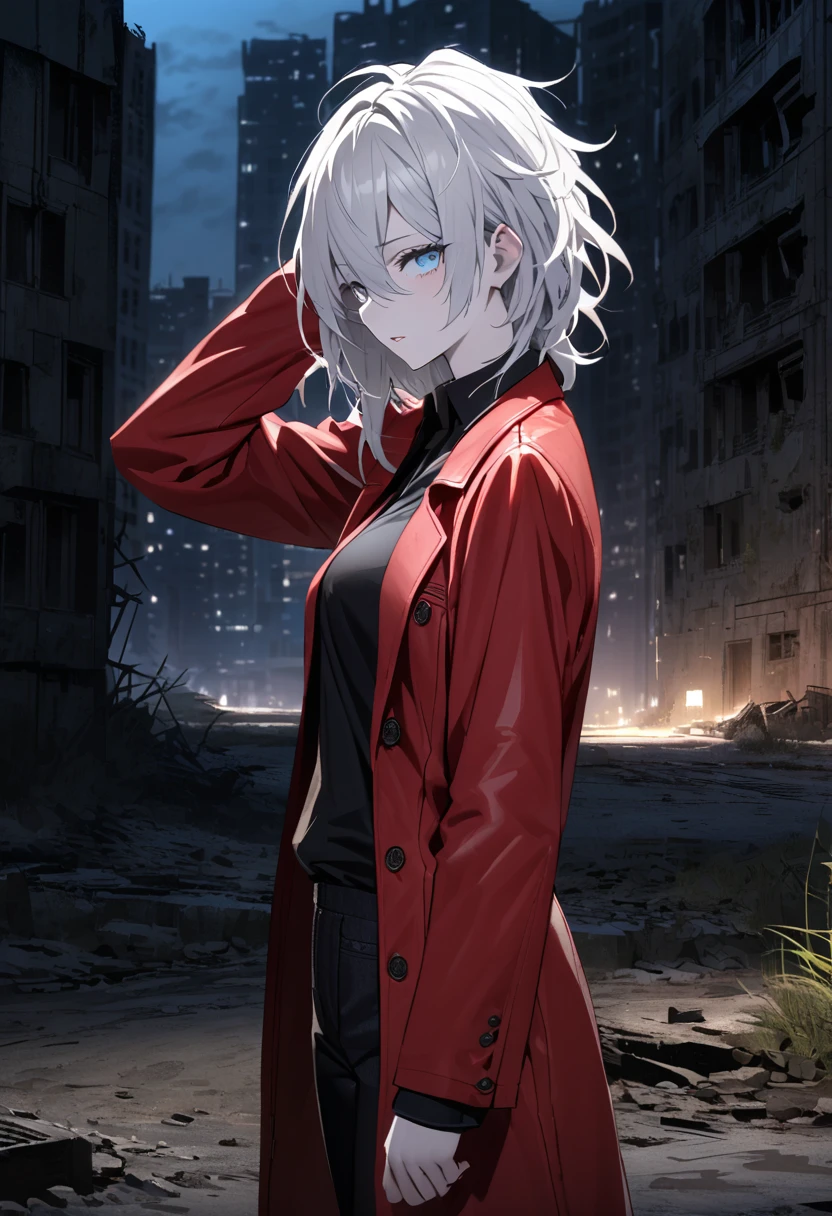 mature, blue eye, looking at viewer, female, outskirts background, messy hair, white hair that reaches to her shoulder, parted lips, hair between eyes, standing, clear skin, slim, fit, from the side, night, abandoned city, formal pants, black shirt, red coat, covering one of her eyes