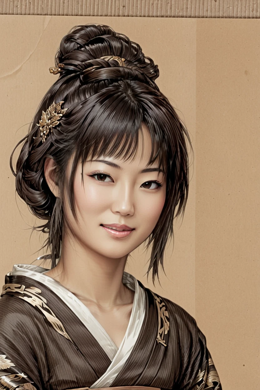 Black and brown drawing of an japanese woman,sly smile from under forehead, on kraft paper, Karl Kopinski, fantasy, highly detailed, Vlop and Krenz Cushart, ornate detailing, Jean-Sebastian Rossbach, James Gene,kodew