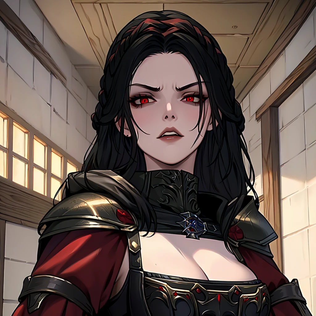 masterpiece, best quality, 1girl, serana, chibi, red eyes, black hair, long hair, armor, cape, red sleeves, cleavage cutout, disgusted face, looking at viewer, portrait, glaring, parted lips, from below, indoors, caslte