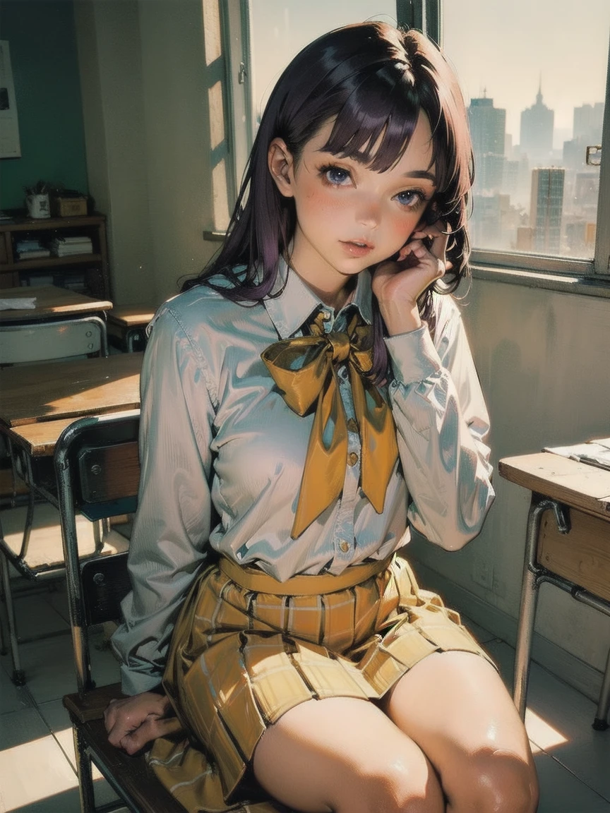  1 GIRL WITH HIM, Long midnight purple hair, Golden light eyes, sit in classroom,  white school modern uniform, Anime