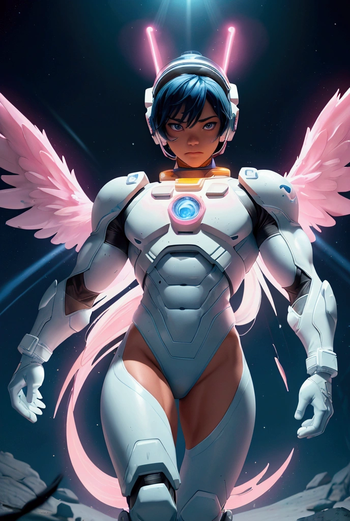  On the surface of the rocky moon ,  with lights coming out of the interior is a muscular astronaut wearing a white thong , transparent pink astronaut helmet, blue military boots ,  pink body tattoos ,  leaving neon pink footprints ,  blue lights appear on his hands  , ,Is there darkness with blue light from the Sun ,  shining stars ,  surrounded by muscular men in thongs and archangel wings  , In the background the neon blue sun ,,  cinematic quality ,   anatomically correct x ,  masterpiece , The best quality, Detail,  high resolution , necessary, Animated style , (solo hombres, todos son hombres)