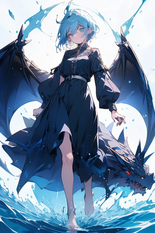 a girl, standing, show full body, front, 1 Character design, female, 165cm, tomboyish, spirited, water dragon, humanoid form, short blue hair, blue eyes, flowing hair, dragon motifs, blue and green clothing, barefoot, scale, reference sheet, white background, simple background, multiple views, upper body, front, from side, color palette reference