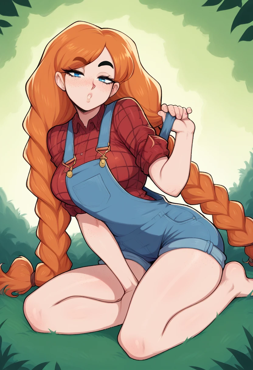 Sexy girl, slender body, Orange hair, long hair, two long small braids hair, freckles on the face, freckles on breast, freckles on legs, Big freckles, blue eyes, overalls, shorts, button shirt, red plaid shirt, Big black eyebrows, half closed eyes, in forest,