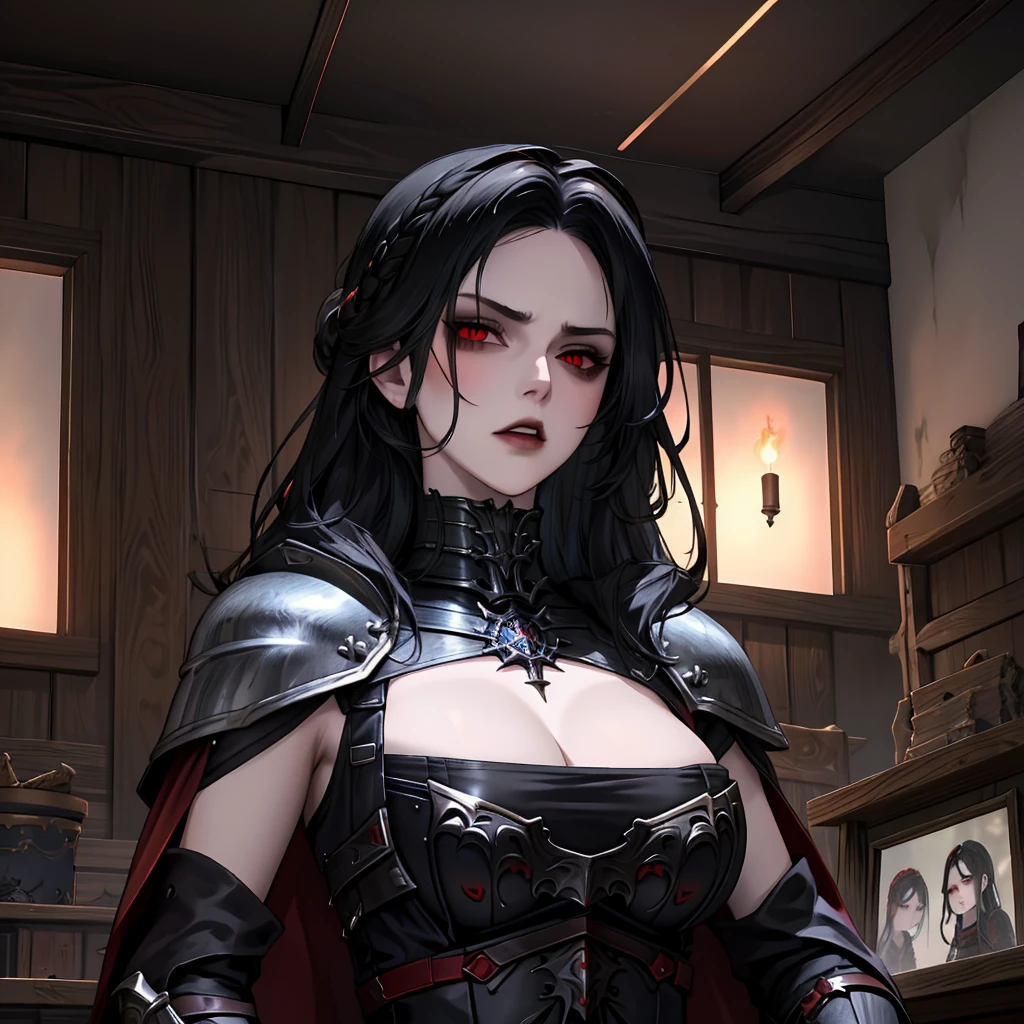 masterpiece, best quality, 1girl, serana, chibi, red eyes, black hair, long hair, armor, cape, red sleeves, cleavage cutout, disgusted face, looking at viewer, portrait, glaring, parted lips, from below, indoors, caslte