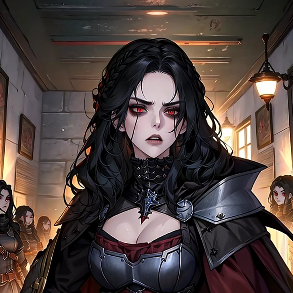 masterpiece, best quality, 1girl, serana, chibi, red eyes, black hair, long hair, armor, cape, red sleeves, cleavage cutout, disgusted face, looking at viewer, portrait, glaring, parted lips, from below, indoors, caslte