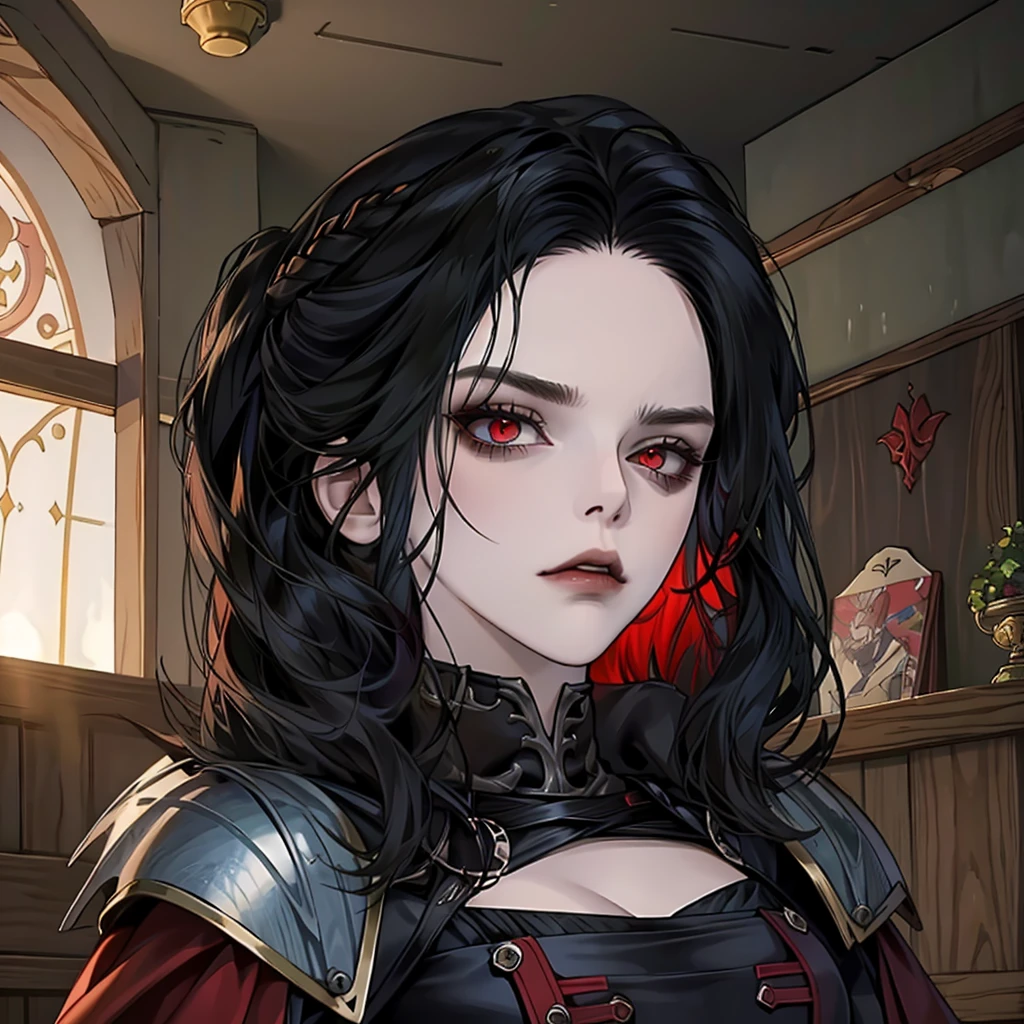 masterpiece, best quality, 1girl, serana, chibi, red eyes, black hair, long hair, armor, cape, red sleeves, cleavage cutout, disgusted face, looking at viewer, portrait, glaring, parted lips, from below, indoors, caslte