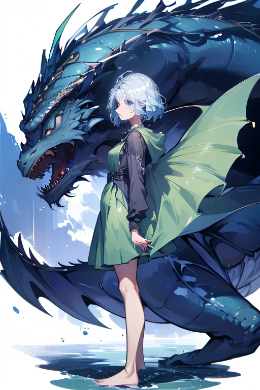 a girl, standing, show full body, front, 1 Character design, female, 165cm, tomboyish, spirited, water dragon, humanoid form, short blue hair, blue eyes, flowing hair, dragon motifs, blue and green clothing, barefoot, scale, reference sheet, white background, simple background, multiple views, upper body, front, from side, color palette reference