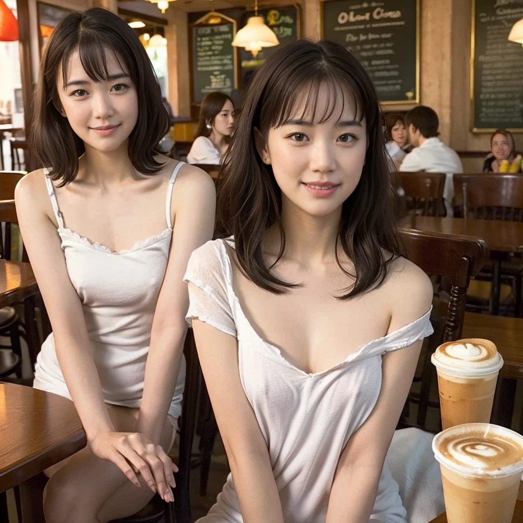 Show me a woman who will surprise everyone.、In New Orleans bourbon street,  talking in cafe while drinking coffee、（Antique cafe with a retro atmosphere）、Tight fitting thick color dress without bra, with seer white shawl on it、The collar should be a little more open, the cleavage and areola exposed、((leaning forward)), pixie fluffy hair、Has a very happy face、Looking straight ahead with a bright smile、Arms crossed、lips slightly pointed.、Bangs slightly messed up by the wind、Face Up Shot、Soft Backlight、no bra, nipple slip,  nsfw