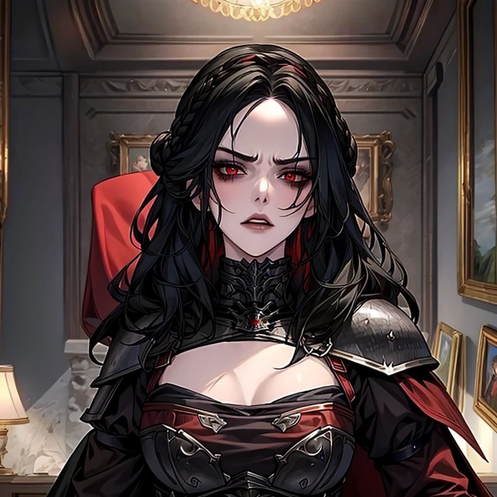 masterpiece, best quality, 1girl, serana, chibi, red eyes, black hair, long hair, armor, cape, red sleeves, cleavage cutout, disgusted face, looking at viewer, portrait, glaring, parted lips, from below, indoors, caslte