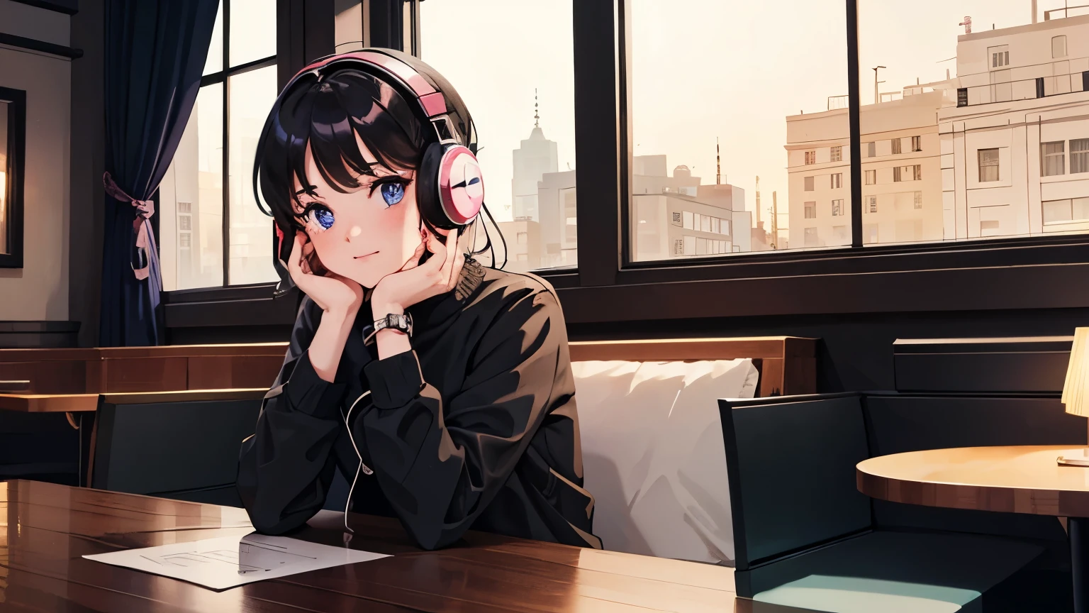  1 GIRL WITH HIM、Inside a stylish cafe、8k、 best quality 、Cute eyes、 headphones、midnight、Emotional、 fun atmosphere 