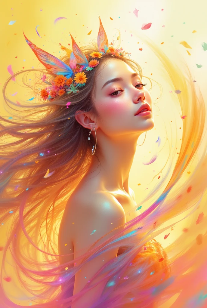 A vibrant, abstract image representing joy. The scene features warm, bright colors like yellow, orange, and pink, with swirling, soft lines and flowing shapes that radiate happiness and lightness. The background is bright and full of movement, evoking a feeling of exuberance and positivity.